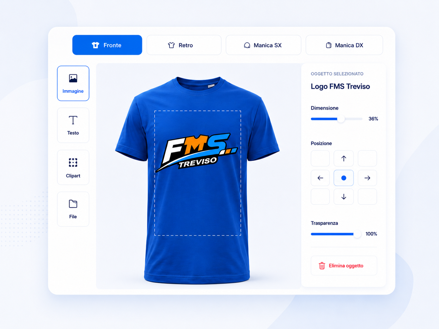 Anteprima del designer FMS con t-shirt blu e logo FMS Treviso al centro del petto